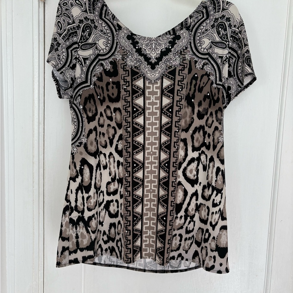 INC International Concepts Taupe and Black Mixed Animal Print Short Sleeve Top